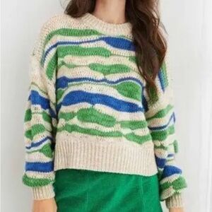 aerie Cropped Crewneck Sweater in Cream with Blue & Green Waves